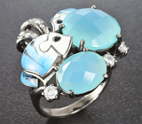 Серебряное кольцо «Рыбки» с голубым халцедоном и цветной эмалью Серебро 925