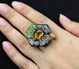 Серебряное кольцо с цитрином, цаворитами, розовым и желтыми сапфирами Серебро 925