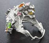 Оригинальное cеребряное кольцо с разноцветными турмалинами Серебро 925