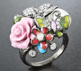 Чудесное серебряное кольцо с жемчужиной и цветной эмалью Серебро 925