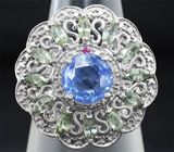 Серебряное кольцо с васильковым, зелеными и пурпурным сапфирами Серебро 925