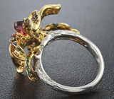 Серебряное кольцо cо спессартином, цаворитами, оранжевыми и желтыми сапфирами Серебро 925