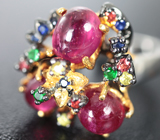 Серебряное кольцо с рубинами, цаворитами гранатами и разноцветными сапфирами Серебро 925