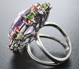 Серебряное кольцо с крупным аметистом, цирконами, диопсидами, родолитами и разноцветными сапфирами Серебро 925