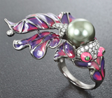 Удивительное серебряное кольцо с жемчужиной и цветной эмалью Серебро 925