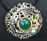 Крупный серебряный кулон с зеленым агатом, жемчужиной, перидотом и сапфирами на шнуре Серебро 925