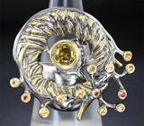 Серебряное кольцо с золотистым сфеном и сапфирами Серебро 925