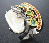 Серебряное кольцо с пузырчатым жемчугом и самоцветами Серебро 925