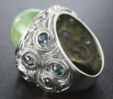 Крупное серебряное кольцо с пренитом и синими сапфирами Серебро 925