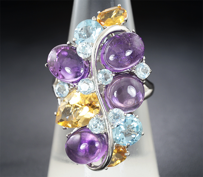 Серебряное кольцо с аметистами, цитринами и голубыми топазами