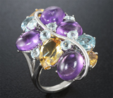 Серебряное кольцо с аметистами, цитринами и голубыми топазами Серебро 925