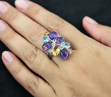 Серебряное кольцо с аметистами, цитринами и голубыми топазами Серебро 925