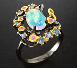 Серебряное кольцо с эфиопским опалом, синими и пурпурными сапфирами Серебро 925