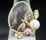 Великолепное серебряное кольцо с рутиловым кварцем, жемчужиной и цветной эмалью Серебро 925