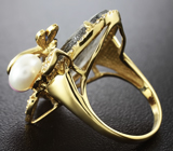 Великолепное серебряное кольцо с рутиловым кварцем, жемчужиной и цветной эмалью Серебро 925