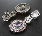 Замечательные серебряные серьги с аметистами, розовым кварцем и розовыми сапфирами Серебро 925