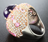 Превосходное крупное серебряное кольцо с кабошоном аметиста и розовыми сапфирами Серебро 925