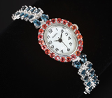 Часы с оранжевыми сапфирами на серебряном браслете с синими топазами Серебро 925