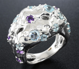 Серебряное кольцо с голубыми топазами и аметистами Серебро 925