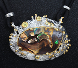 Серебряный кулон с австралийским болдер опалом и сапфирами на сатиновом шнуре Серебро 925