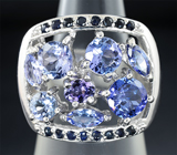 Оригинальное серебряное кольцо с танзанитами и синими сапфирами Серебро 925