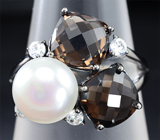 Стильное серебряное кольцо с жемчужиной и дымчатым кварцем Серебро 925