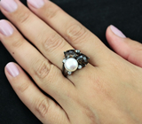 Стильное серебряное кольцо с жемчужиной и дымчатым кварцем Серебро 925