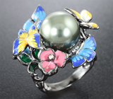 Шикарное серебряное кольцо с цветной жемчужиной и эмалью Серебро 925