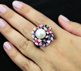 Превосходное серебряное кольцо с жемчужиной и цветной эмалью Серебро 925