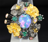 Серебряное кольцо c эфиопским опалом, изумрудами, желтыми и розовыми сапфирами Серебро 925