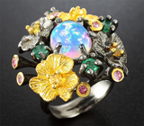 Серебряное кольцо c эфиопским опалом, изумрудами, желтыми и розовыми сапфирами Серебро 925