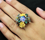 Серебряное кольцо c эфиопским опалом, изумрудами, желтыми и розовыми сапфирами Серебро 925