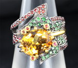 Серебряное кольцо с цитрином, цаворитами и оранжевыми сапфирами Серебро 925