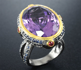 Серебряное кольцо с крупным аметистом, синими и оранжевыми сапфирами Серебро 925