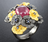 Серебряное кольцо с рубином и синими сапфирами Серебро 925