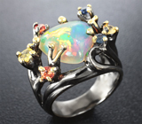 Серебряное кольцо с эфиопским опалом и разноцветными сапфирами Серебро 925