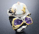 Серебряное кольцо c жемчужиной барокко и аметистами Серебро 925