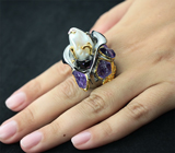 Серебряное кольцо c жемчужиной барокко и аметистами Серебро 925