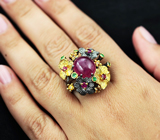 Серебряное кольцо c рубинами, желтыми сапфирами и цаворитами Серебро 925
