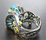 Серебряное кольцо с голубым топазом, синими сапфирами и цаворитами Серебро 925