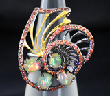 Серебряное кольцо c эфиопскими опалами и оранжевыми сапфирами Серебро 925