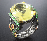Серебряное кольцо с лимонным цитрином, цаворитами и оранжевыми сапфирами Серебро 925
