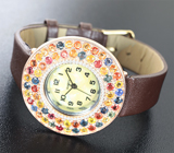 Часы с разноцветными сапфирами на кожаном браслете Серебро 925