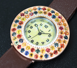 Часы с разноцветными сапфирами на кожаном браслете Серебро 925