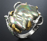 Серебряное кольцо с цветной жемчужиной барокко, цаворитами и оранжевым сапфиром Серебро 925