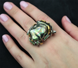 Серебряное кольцо с цветной жемчужиной барокко, цаворитами и оранжевым сапфиром Серебро 925