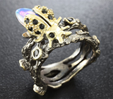 Серебряное кольцо с кристаллическим эфиопским опалом и черными шпинелями Серебро 925