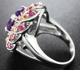 Замечательное серебряное кольцо с аметистом, рубинами и желтыми сапфирами Серебро 925