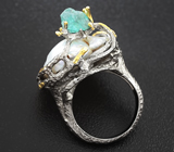 Серебряное кольцо с жемчужиной барокко и грубообработанным апатитом Серебро 925