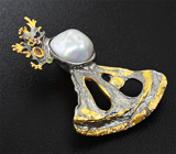 Серебряный кулон с жемчужиной, разноцветными сапфирами и цаворитом Серебро 925